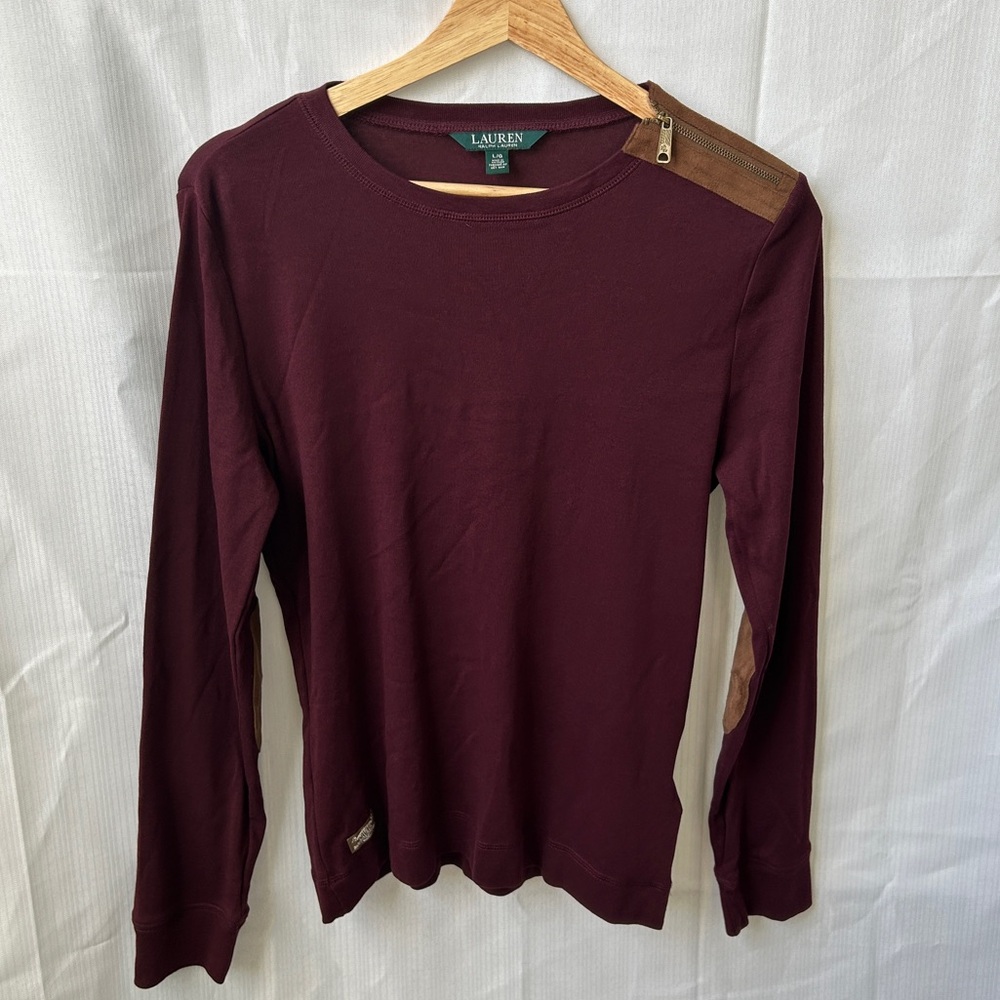 Lauren Ralph Lauren Long Sleeve w/Left Shoulder Zipper& Faux Suede Elbow Patches